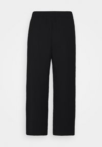 Pantalones negros de pierna ancha con cintura elástica, hechos de una tela suave. La silueta es recta y relajada, sin bolsillos ni detalles visibles.