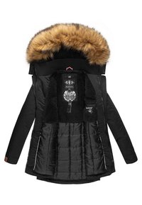 Fekete parka dzseki levehető barna műszőrme kapucnival, puha poliészter béléssel és steppelt belső kialakítással. Oldalsó cipzárakkal és márkajelzésekkel rendelkezik.