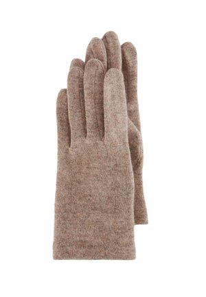 Gants en laine brune avec une finition douce et texturée, dotés de cinq doigts et d'une construction sans coutures. Convient pour une utilisation par temps froid.