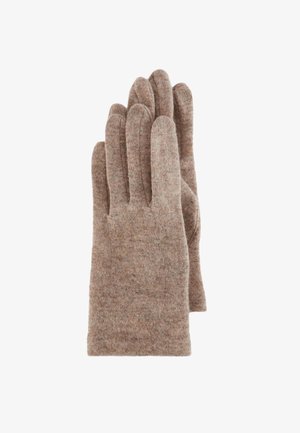 Gants en laine brune avec une finition douce et texturée, dotés de cinq doigts et d'une construction sans coutures. Convient pour une utilisation par temps froid.