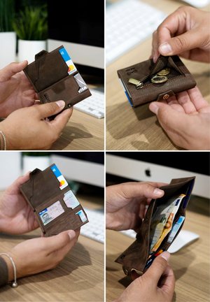 Brown leather wallet featuring card slots, a zippered coin pocket, and a compartment for cash. Includes RFID protection.