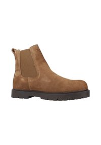 Botas Chelsea de ante marrón con un panel lateral elástico acanalado y una suela de goma negra gruesa. Punta redondeada y tira en la parte trasera.