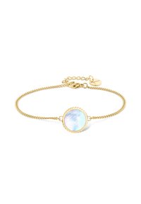 Gouden schakelarmband met een ronde, iriserende steen met een golvende rand; veilige karabijnsluiting en verlengketting voor een verstelbare pasvorm.