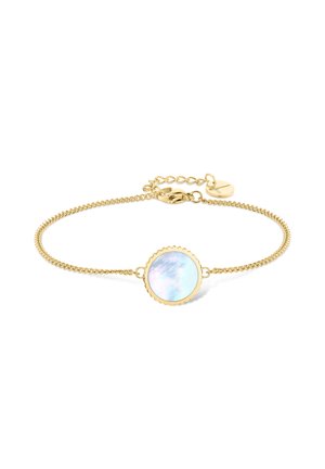 Goldene Kettenarmband mit einem runden, schimmernden Stein mit gewelltem Rand; sicherer Karabinerhaken und Verlängerungskette für eine verstellbare Passform.