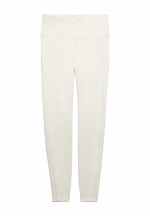 Højtaljede leggings i cremefarve med en glat finish og uden synlige mønstre eller logoer, vist fladt mod en hvid baggrund.