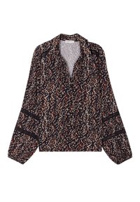 Blouse à motifs floraux en marine foncé, avec de longues manches bouffantes, un devant à boutons et des accents en dentelle sur les manches. Tissu doux et léger.