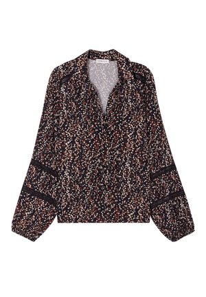 Floral patterned blouse in dark navy, featuring long puff sleeves, a button-down front, and lace accents on the sleeves. Soft, lightweight fabric.