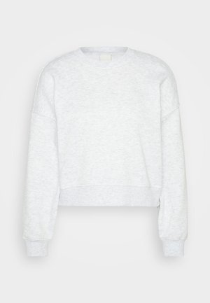 Light grey, long-sleeve cropped sweatshirt with ribbed cuffs and high crew neckline, displayed on a plain light background.