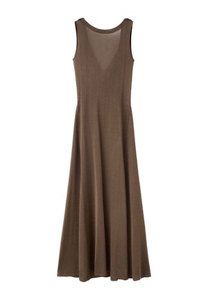 Vestido largo marrón sin mangas con escote redondo, cuerpo entallado y falda acampanada hecho de tela ligera.