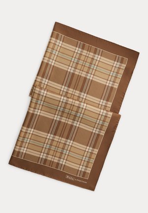 Sciarpa di seta a quadri marrone e beige con un bordo marrone liscio e uniforme e il logo "Polo by Ralph Lauren" nell'angolo.