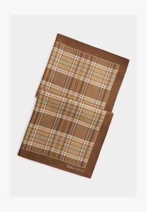 Ruskea ja beige ruudullinen silkkihuivi, jossa sileä, yksivärinen ruskea reuna ja kulmassa "Polo by Ralph Lauren" -logo.