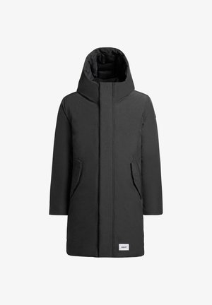 Parka nera con collo alto, due tasche frontali e cappuccio. Tessuto liscio e design minimalista con etichetta logo sull'orlo.