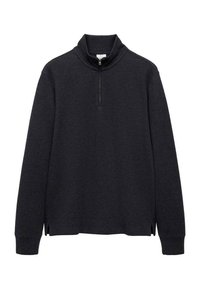 Donkergrijze pullover met een kraag en een halve rits. Gemaakt van zacht materiaal, met lange mouwen en zijsplitten aan de zoom.