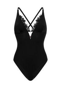 Zwarte bodysuit met een diepe V-hals, kantafwerking langs de halslijn en gekruiste bandjes. Heeft een subtiele uitsnijding aan de voorkant.