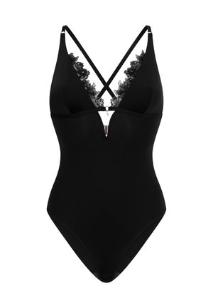 Zwarte bodysuit met een diepe V-hals, kantafwerking langs de halslijn en gekruiste bandjes. Heeft een subtiele uitsnijding aan de voorkant.