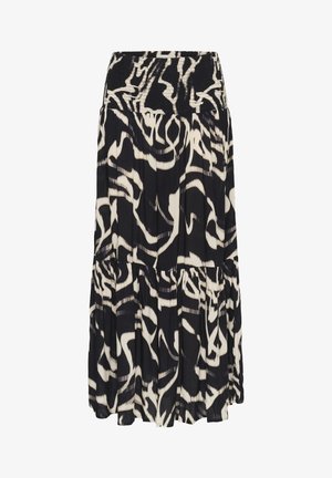 Czarna i biała spódnica maxi w wzory z marszczonym pasem, charakteryzująca się zwiewnym, warstwowym fasonem oraz miękkim, lekkim materiałem.