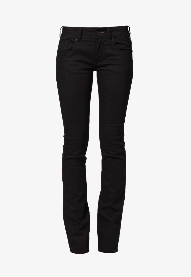 Jean noir slim fit avec poches avant, passants de ceinture et fermeture par bouton, présenté sur fond blanc.