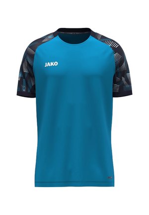 Kurzärmeliges Sport-T-Shirt in Blau mit schwarzen gemusterten Ärmeln und weißem JAKO-Logo auf der linken Brust.