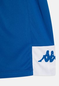 Pantalones cortos deportivos azules con un dobladillo blanco y un gráfico de logo azul que representa a dos figuras sentadas. Textura suave y diseño ajustado.