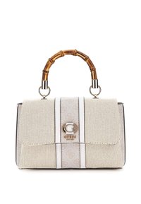 Beige handbag with bamboo handle, silver hardware, patterned textile body, magnetic flap closure, and logo accent on the front.