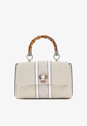 Beige handbag with bamboo handle, silver hardware, patterned textile body, magnetic flap closure, and logo accent on the front.