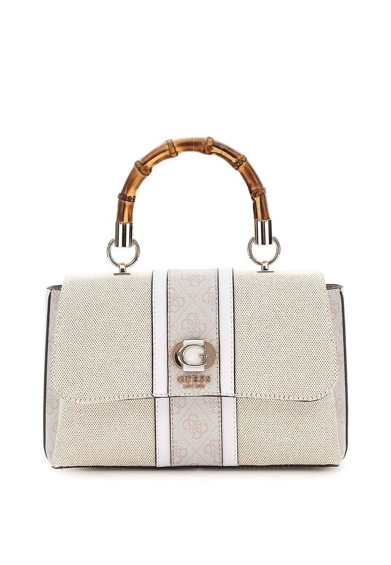 Beige handbag with bamboo handle, silver hardware, patterned textile body, magnetic flap closure, and logo accent on the front.