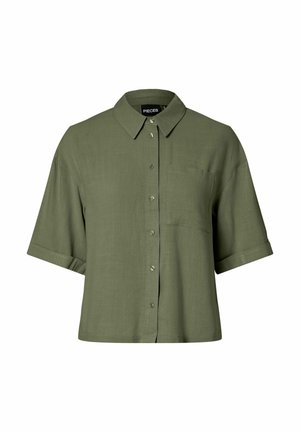 Lühikeste varrukatega oliivroheline nööbitav särk krae ja rinnataskuga, valmistatud tekstuurse kangast.