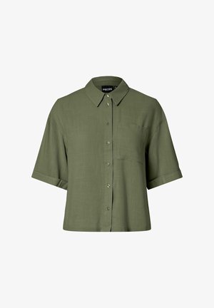 Lühikeste varrukatega oliivroheline nööbitav särk krae ja rinnataskuga, valmistatud tekstuurse kangast.