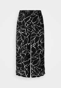 Black wide-leg pants featuring a white abstract pattern, made from lightweight material with an elastic waistband for comfort.