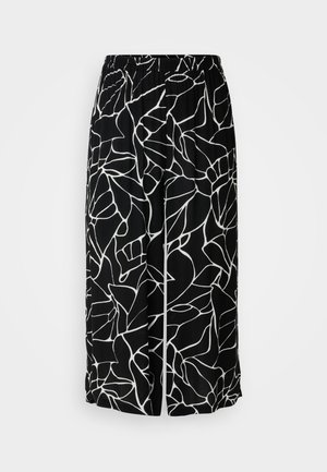 Calças largas pretas com um padrão abstrato branco, feitas de um material leve com uma cintura elástica para conforto.