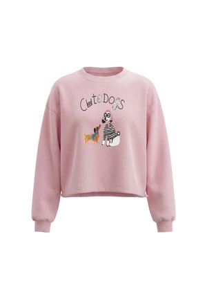 Lyserød sweatshirt med lange ærmer, med to broderede hunde og teksten "Cute Dogs" foran.