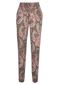 Pantalons verts à motif paisley avec une taille à cordon de serrage, présentant une surface texturée et des pois blancs entre les motifs paisley.