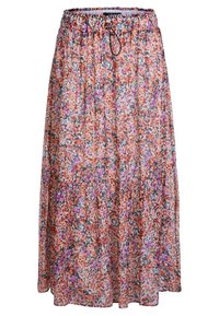 Gonna maxi floreale in tessuto leggero e trasparente. Presenta una cintura elastica, dettaglio con cordoncino e una miscela di tonalità arancione, rosa e viola.