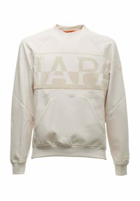 Felpa beige chiaro con collo a girocollo a coste, maniche raglan, tasca frontale e grande stampa "NAPA" in una tonalità leggermente più scura.