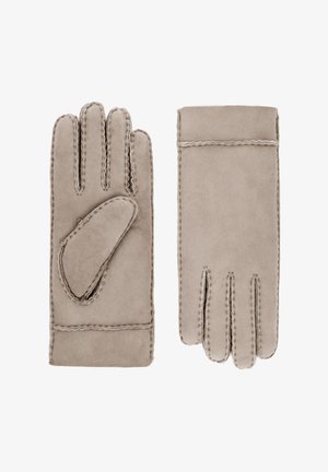 Beige leather gloves with four fingers and a thumb. Features stitched accents and a smooth texture. Open cuff design.
