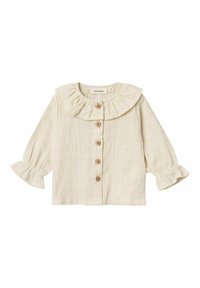 Camicia button-up beige chiaro con colletto arricciato, maniche lunghe con polsini svasati e motivo a trama a scacchi. Cinque bottoni in legno sulla parte anteriore.