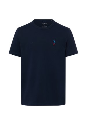 Marineblauw katoenen T-shirt met ronde hals, korte mouwen en een klein geborduurd ontwerp op de borst met blauwe en rode accenten.