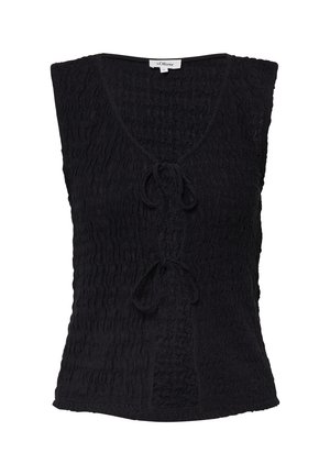 Haut sans manches noir en tissu texturé, décolleté en V et détails avec lien au centre. Présente une silhouette ajustée et un léger stretch.