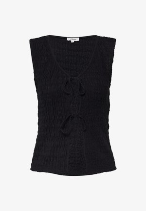 Czarna bezrękawnikowa bluzka z teksturowanej tkaniny, dekoltem w kształcie litery V i centralnym wiązaniem. Posiada dopasowany krój i subtelną elastyczność.