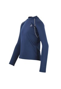 T-shirt de surf à manches longues bleu marine en tissu extensible, avec des coutures à plat et un col rond, arborant un logo sur la poitrine.