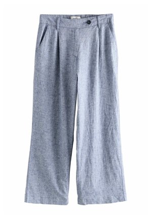 Svetle modré široké kalhoty z texturované látky, vysokým pasem, s předními sklady a bočními kapsami. Zapínání na knoflík v pase.