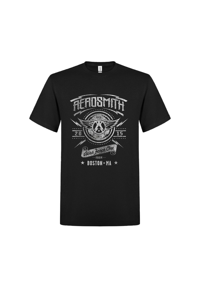 Černé tričko s stříbrným logem Aerosmith, křídly, blesky, textem "Aero Force One", "2015" a "Z Bostonu MA".