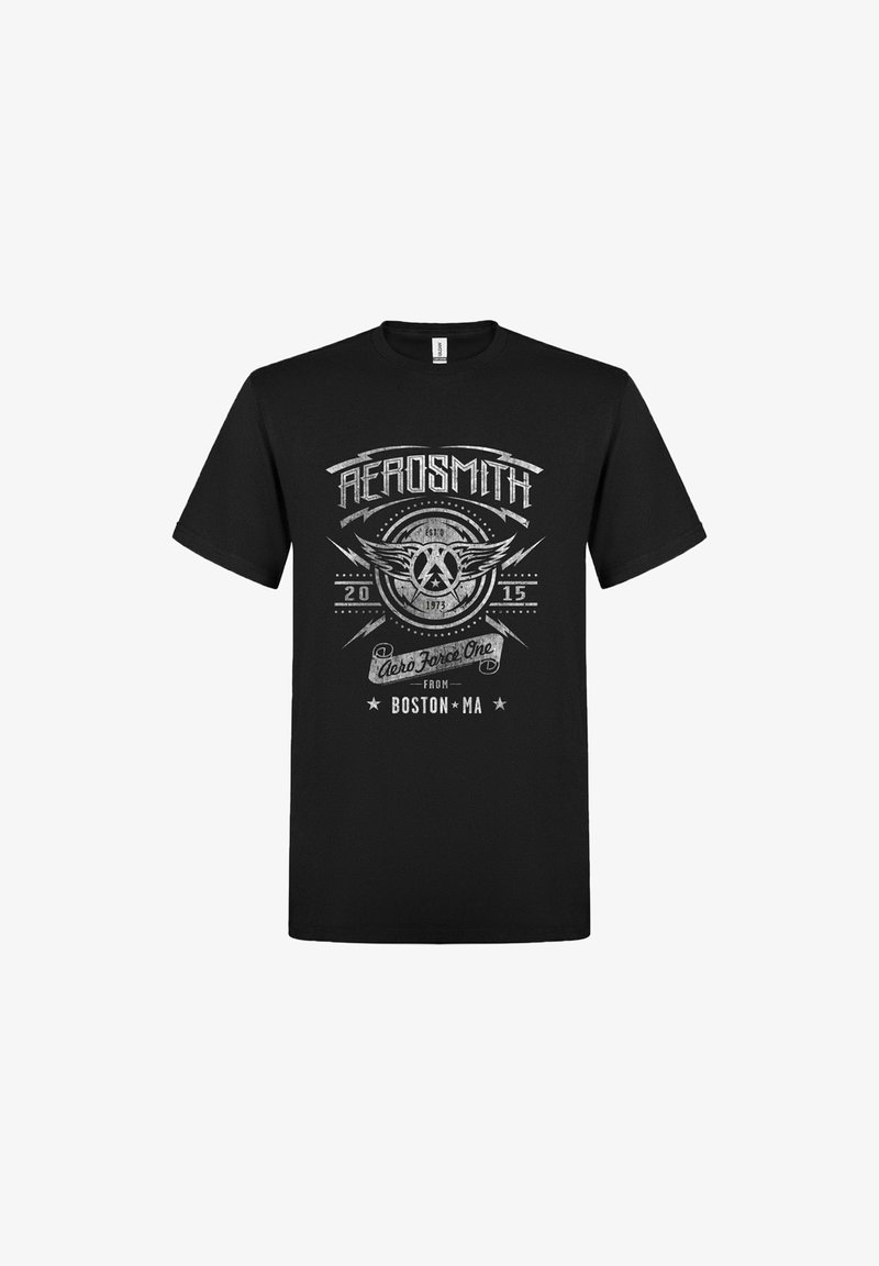 Černé tričko s stříbrným logem Aerosmith, křídly, blesky, textem "Aero Force One", "2015" a "Z Bostonu MA".