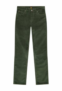 Pantaloni in corda verde con design a gamba dritta, presentano cinque tasche, chiusura con bottone superiore e etichetta del marchio sulla vita.