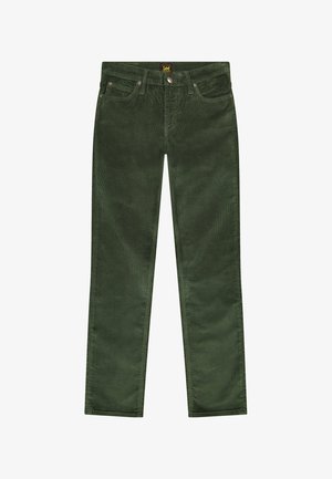 Groene corduroy broek met een recht model, voorzien van vijf zakken, sluiting met bovenste knoop en merklabel op de tailleband.
