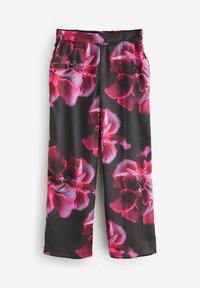 Pantaloni negri cu un model floral mare roz, având un bband plat, buzunare laterale și o croială lejeră. Textură netedă.