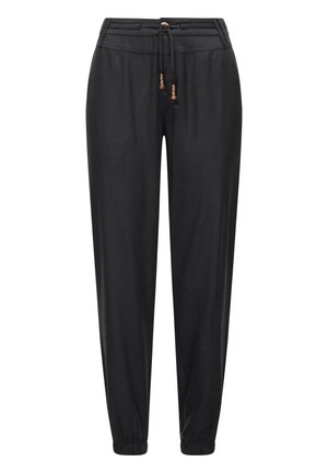 Pantalon décontracté noir avec poignets élastiques, taille à cordon avec accents de perles en bois et poches avant, conçu pour le confort et le style.