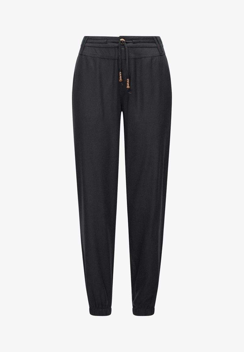 Pantalon décontracté noir avec poignets élastiques, taille à cordon avec accents de perles en bois et poches avant, conçu pour le confort et le style.