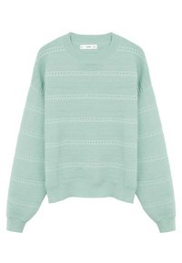 Pull en tricot côtelé vert menthe clair avec petites rayures horizontales perforées, manches longues bouffantes et encolure ronde.
