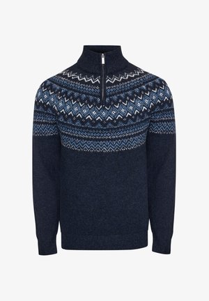 Suéter de punto azul marino con un collar alto, cierre de cremallera en la parte delantera y diseño Fair Isle en azul y blanco en el pecho y los hombros.